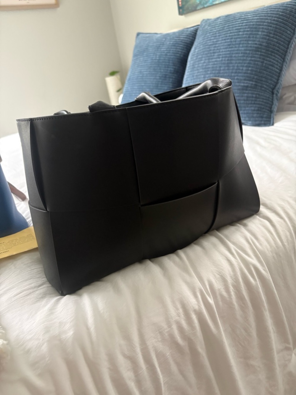 Structured Black Woven-Panel Tote Bag